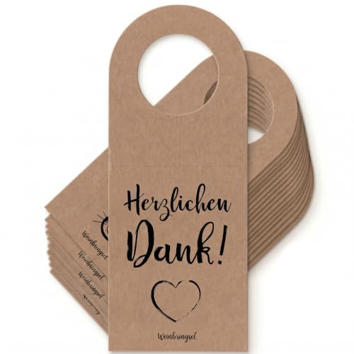 Flaschenanhänger Herzlichen Dank! mit Herz - Weinflaschenanhänger aus Kraftpapier für piccolo und große Flaschen (20 Stück)