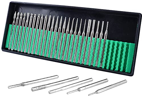 Mesee 30 Pieces Diamond Burr Assortment Set, 3mm Shank Diamond Coated Burrs Deburring Engraving Carving Drills Bits for Rotary Tool Accessories