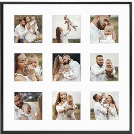 Golden State Art, 4x4 Aluminum Collage Frame, Displays 4 x 4 Pictures With 9 Openings Mat or One 16x16 Photo, Real Glass, Wall Display, Black, 1 Pack