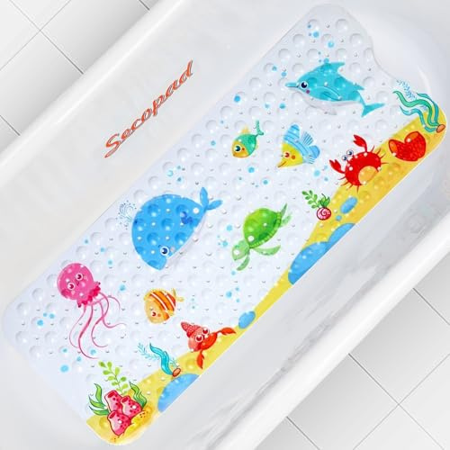Secopad Badewannenmatte Kinder rutschfest, 100 x 40 cm, Kleiner Blauwal | 100% BPA-frei, Rutschfest, Starke Saugkraft, Cartoon-Design für Kinder, Gute Wasserableitung und Leicht zu Reinigen