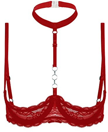 CHICTRY Womens Wet Look Patent Leather Lingerie Quarter Cups Strappy Underwired Bra Tops Clubwear 2# Red S