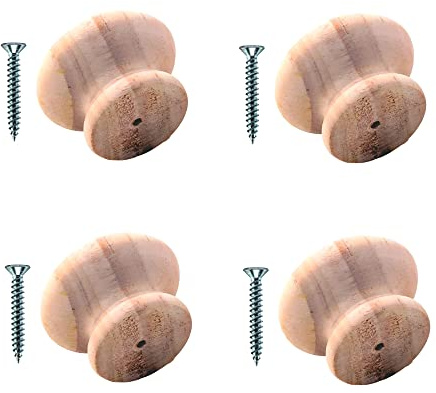 TERF® Traditional Unlacquered Pine Wooden Cupboard Cabinet Door Knob 40mm Drilled Wood Knob with Fixing for Chest Drawer Cupboard Kitchen Wardrobe Door Pull Handle Knobs - Pack of 4