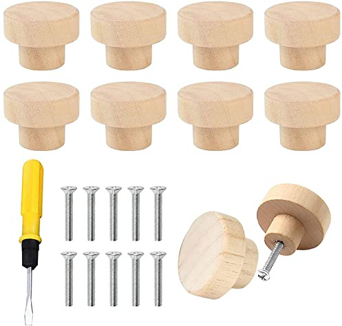 Mecctuck 10 Stück Möbelknopf Holz, 33 x 25mm Runde Holzknöpfe für Möbel | Holz Tür Schubladengriffe, Schrankknöpfe mit Schrauben und Schraubendreher, Küche, Griffe Kommode, Schublade