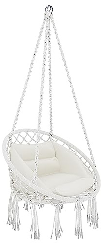 BRICOZONE Poltrona Sospesa Pensile Da Giardino Con Corda In Cotone Effetto Macramè Cuscino Sedia Dondolo Amaca Con Seduta Imbottita Esterno Terrazzo Design Moderno Fino A 160 Kg (Beige)