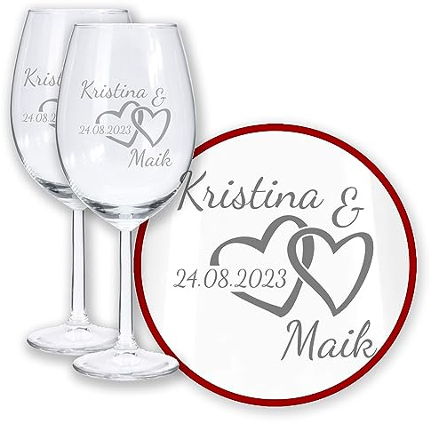 LALALO Weingläser Herzharmonie, 2er Set, mit Gravur personalisiert mit Namen, Datum, Wunschtext, Lasergravur, Hochzeitsgeschenk für Brautpaar, Ehepaar, Hochzeitstag, Jahrestag