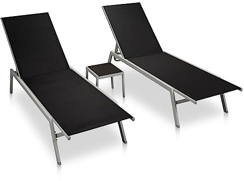GuyAna Sonnenliegen 2 STK. mit Tisch Stahl und Textilene Schwarz Gartenliege Wetterfest Gartenliegen Strandwagen Liege Sonnenliege Mit Tisch Sonnenliege Set