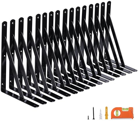 NEODROP 16-Pack 12 Inch Heavy Duty Shelf Brackets, Large Wall Bracket for Garage Kitchen Floating Shelves, Black Powder-Coated Steel