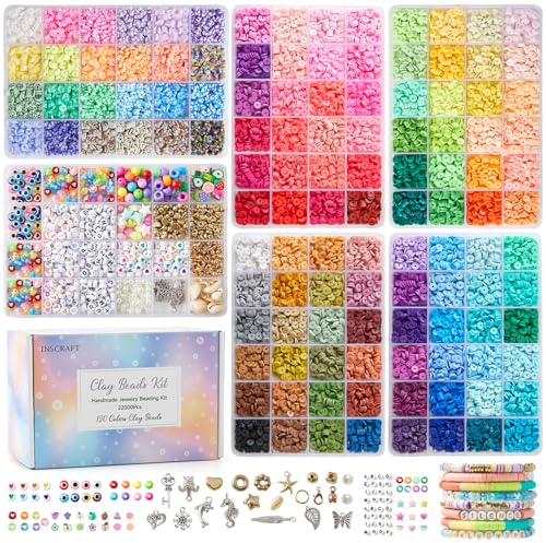 INSCRAFT 22000 Stück Clay Perlen Set für Armbänder, 120 Farben Flache Runde Heishi Perlen, 6mm Perlen für Armbänder mit Buchstabenperlen, DIY Kreativset Geschenk für Mädchen Teenager Kinder 6-12 Jahre