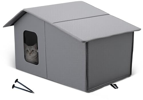 ALLSOPETS Casa para Gatos Exterior Impermeable, Caseta Plegable y Acolchada con Cojín Desmontable, Refugio para Invierno Interior y Exterior para Gatos o Perros Pequeños (Gris Urbano)
