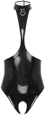 Freebily Damen Wetlook Body Brüste Offen Catsuit Lackleder Bodysuit Dessous Ouvert Stringbody Nachtwäsche Pole Dance Nachtclub Outfit Schwarz S