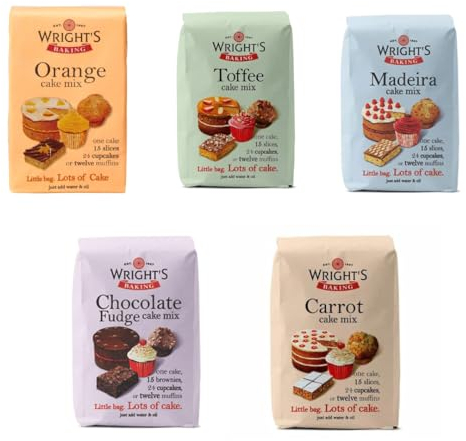 Wright's Baking Cake Mix Selection Pack - Carrot, Madeira, Toffee, Chocolate Fudge & Orange (One of Each 500g Pack) | can be used to bake light & moist cakes, slices, muffins or cupcakes