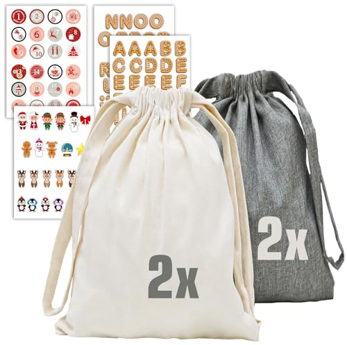 DuneDesign 4er Set Geschenkbeutel Weihnachten - 200 Aufkleber - 32x32 Leinen Look Stoffbeutel Weihnachten Groß - Weihnachtssäcke zum Befüllen - Geschenkbeutel Säckchen Geschenkbeutel Weihnachten Stoff