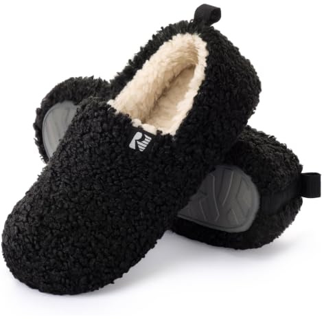 RockDove Damen Pantoffeln Puff-Ease Kunstfell Geschlossene Rücken Hausschuhe, 38 EU, Schwarz