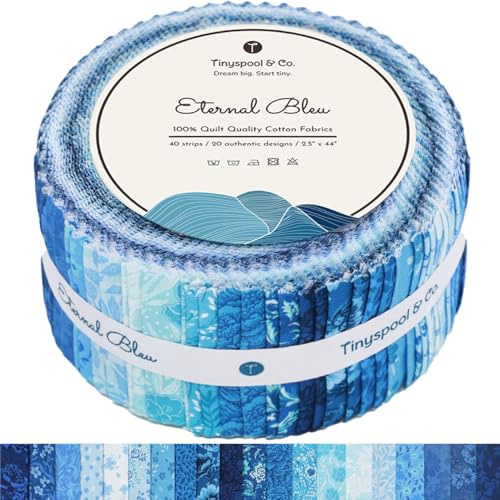 Tinyspool & Co. Jelly Roll Stoffstreifen zum Quilten, Basteln und Nähen, 40 Streifen, sortiert, weiche Baumwolle für Decke, Teppich, Polster, Heimdekoration und Geldbörsenherstellung, Ewiges Blau