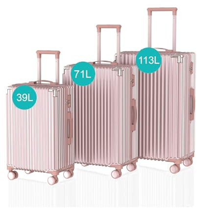 Voyagoux Kofferset 3 teilig - 39L,71L & 113L, Hartschalenkoffer Set, TSA-Schloss, ABS, 4X 360° Rollen, Robust und Leichtgewicht Suitcase, Roségold