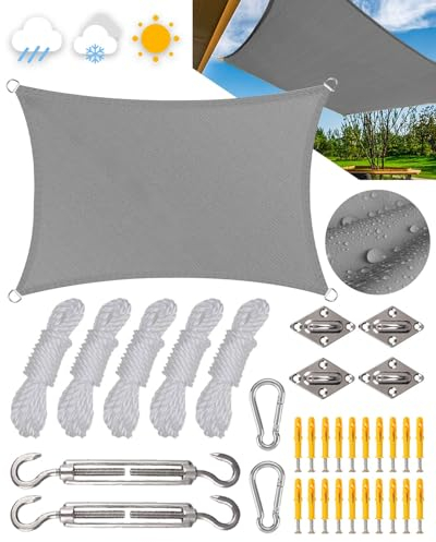 Sonnensegel 3x4m, Premium HDPE 98% UV Atmungsaktiv, Mit Ösen und Befestigungsseilen, Sonnensegel wasserdicht Geeignet für Außenbereich, Garten, Camping, Terrasse, Grau