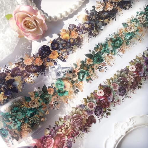 Washi Tape PET Stickers Set 3 Rotoli Fiori Adesivi Scrapbooking Accessori Carta per Decoupage Decorativo per Diario Album Bullet Journal Fai Da Te(Flora of the Four Seasons 1)