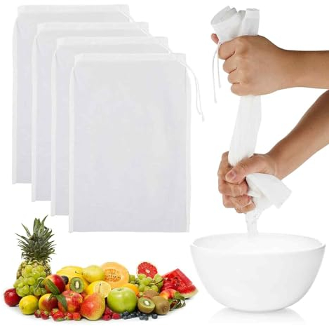 OQKAHIV Confezione da 4 sacchetti riutilizzabili in nylon garza per alimenti, per filtrare latte alle noci, succhi di frutta, latte di mandorle e birra fredda, Lavabili e dotati di coulisse filtro