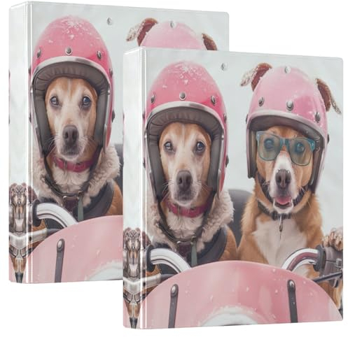 3,8 cm Ordner, 3 Ringe, 2 Stück, zwei lustige Hunde fahren, Motorrad, dekorativ, niedlich, 3 Ringordner mit 3 Innentaschen, D-Ringbuch für Schule, Bürobedarf