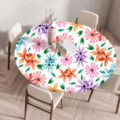 Morbuy Rund Tischdecke Wachstuch Elastisch, Gartentischdecke Wasserdicht Schmutzabweisend Abwischbar Tischtuch für Dekoration Küchentisch Kaffee Restaurant -Tropisch Blumen (100cm,Bunt)
