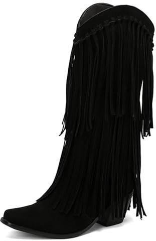 Bviennic Femme Bloc Bottes Frange Talons Moyen Bottes Mi-Mollet Bout Rond A Enfiler Mode Fête Bottines, S45913Pf Noir Taille 38 EU/39Cn