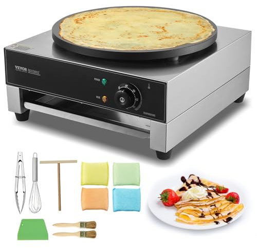 VEVOR Máquina para Crepes Comercial de Placa Plana de 3000 W, Acero Inoxidable Antiadherente, Estufa Circular de Escritorio para Panqueques y Cereales con Control de Temperatura, 435 x 455 x 225 mm