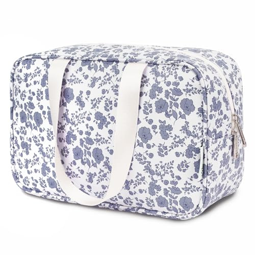 Narwey Kulturtasche Damen Gross, Kulturbeutel Kosmetiktasche Waschtasche Groß Damen, Schminktasche Make up Tasche Organizer für Frauen & Mädchen (Kleine Graublaue Blume)