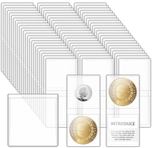 Vmiapxo 200 Pack Double Pocket Coin Sleeves, 2 x 2 Inch Clear Coin Flips Transparent Plastic Coin Collection Holder Clear Storage Protectors for Coin Jewelry Ring Earring Pendant Gemstone