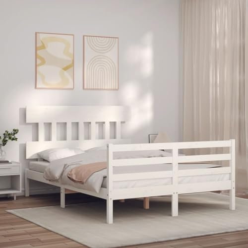 Iiaky 3195127 Giroletto con Testiera Bianco Small Double Legno Massello Letto - Struttura Letto- Struttura Letto a Piattaforma in bambù sostenibile con testiera