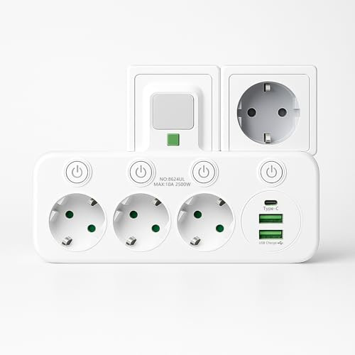 Multiprise Murale, Multiprise avec Interrupteur Individuel, 6 en 1 Multiprise USB avec 2 USB et 1 Type C et Conception de la veilleuse, 3 Prise Multiple pour la Maison, Bureau