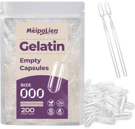 Gélules vides à remplir taille 000 – 200 unités, capsules de gélatine vides, résolution rapide, petit emballage, Halal, Non OGM, Sans gluten, compatible avec la machine de remplissage de capsules 000