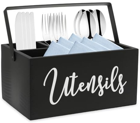 VAVPUP Portaposate, cestino portaposate in legno con 4 scomparti, porta utensili da cucina per il bancone della cucina, porta posate, organizer portatile con manico per esterni (nero)