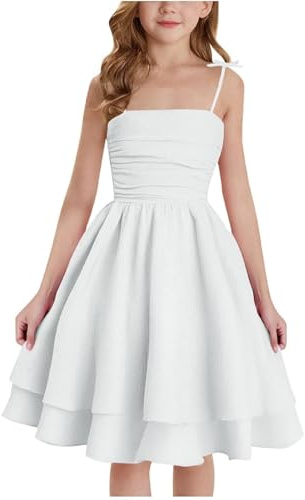 Kids Girl's Summer Dresses Slip Spaghetti Straps Swing Pleated Adjustable Cute Fashion Teenager Girls CCami Dress Age 7-12 Years Comfy Casual Formal Party Birthday Vacation (a-White, 11 Years)