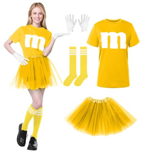 Alaiyaky M und M Kostüm Damen, M Aufdruck Tshirt Faschingskostüme Damen Lustig GruppenKostüm M T Shirt mit Tutu Handschuhe Streifensocken, Karneval Kostüm MM Outfits für Faschings (Gelb, S)