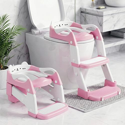 Adaptador Wc Niños, 2 in 1 Upgraded Orinal Portatil, Oso | Reductor Wc Niños, Pedal & Parasalpicaduras Extendido, Asa Ensanchada, Cojín Suave, Antideslizante Plegable Ligero, Rosa
