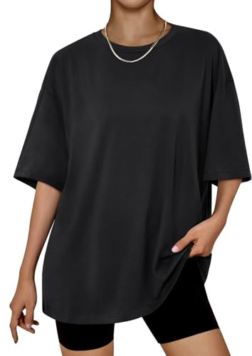 LILLUSORY Oversized T Shirts for Women UK Summer Short Sleeve Tshirts Mature Ladies Tops Size 14-16 Fashion Capsule Wardrobe Clothing Crew Neck Basic Gym Yoga Clothes Loose Fit Going Out Top Black L