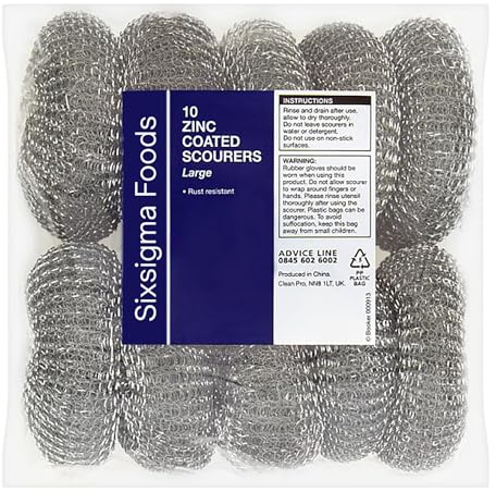 Sixsigma Foods 10 Zinc Coated Scourers Large - Heavy Duty, Rust-Resistant & Durable Metal Scrubbers for Pots & Household Cleaning - Powerful, Reusable & Long-Lasting Cleaning Solution (Case of 1)