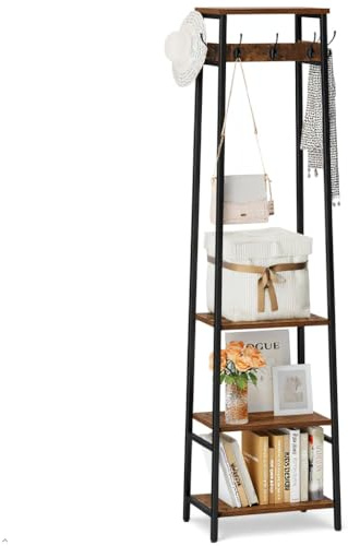 Miphlian Freistehender Garderobenständer, Garderobe mit 3 Regalen und 7 Haken, Hall Tree Stehorganizer, Kleiderständer Organizer, Industriestil, Rustikales Braun & Schwarz