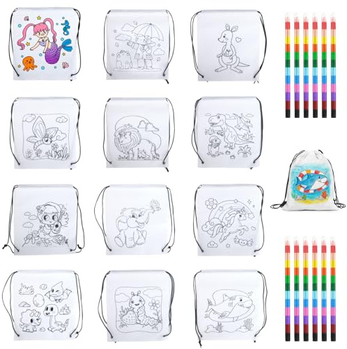 Tmefoy 12 Stück Stoffbeutel zum Bemalen für Kinder, Einziehbarer Taschen zum Bemalen für Kinder und 12pcs Buntstift，Beutel zum malen Tasche für Mitgebsel Kindergeburtstag