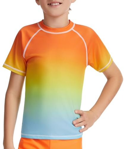 AMZSPORT UV Shirt Kinder Jungen Kurzarm Schwimmshirt Schnelltrocknend Badeshirt Badebekleidung, Orange Farbverlauf L