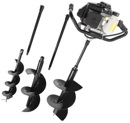 Madelynn 72 CC 2-takts jordborr bensin 3 000 W jordhålsborr bensinborr 8 500 varv/min handhållen trädgårdsborr med 3 borrar 15 cm/10 tum, för staketstolpar träd och trädgårdsarbete