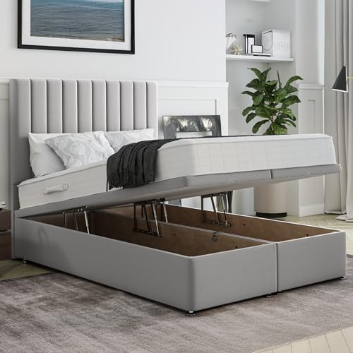 ComfoRest Stripe Double Ottoman Bed with End Lift Storage, Silver | British-made sturdy ottoman, 136.5 x 190.5cm, 54in headboard, end opening storage for easy access, Upholstered fabric