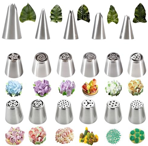 17 Pcs Russian Piping Nozzles, Stainless Steel Russian Piping Tips Set with 12 Flower and 5 Leaf Piping Nozzles, Russian Frosting Nozzles for Cake Decorating Icing Cream Flower Bouquet DIY Cookies