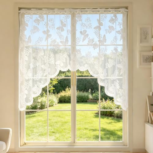 pclapora Schmetterling Spitze Scheibengardinen, 100x150cm Modern Bistrogardine Weiß Transparent Voile Gardine mit Ösen, Landhausstil Kurzgardine für Küche Wohnzimmer Café
