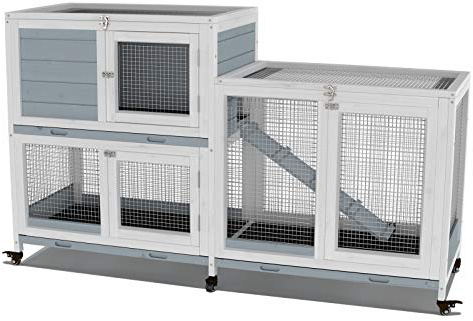 GDLF Two Floors 58 Wooden Indoor Bunny Hutch Rabbit Cage on Wheels Guinea Pig PET House for Small to Medium Animals Waterproof No Leak Tray