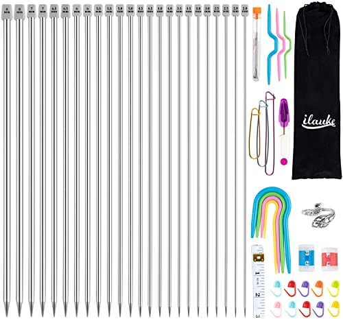 ilauke 56Pcs Knitting Needles Set, 35cm 11 Pairs Straight Single Pointed Stainless Steel Sweater Needles Set 2mm-8mm, Locking Stitch Makers, Large-Eye Blunt Needles, Measure Tape