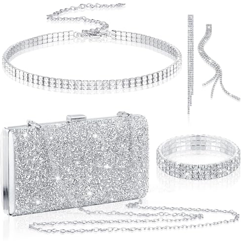Kigeli 4 Pieces Women Rhinestone Evening Clutch Bag Bling Earring Necklace Bracelet for Wedding Graduation Prom(Silver)