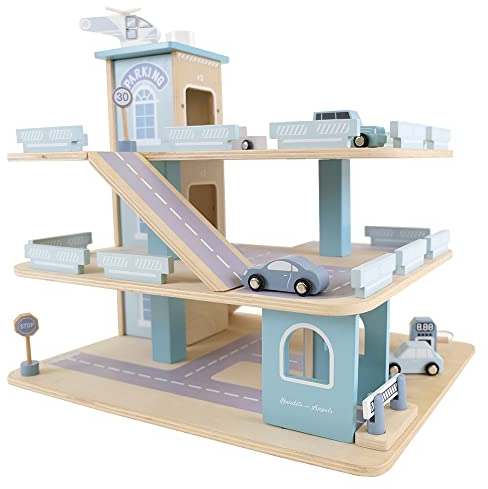 Bandits & Angels Holzspielzeuggarage Bandits Parkerlebnis mit 3 Etagen und Aufzug – inklusive 4 Autos – Spielzeugautogarage aus Holz, Blau