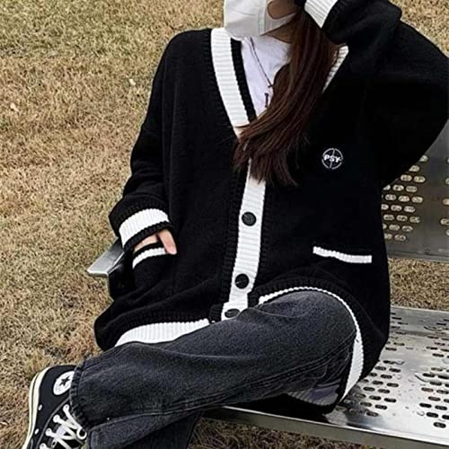 Juig Style coréen Noir tricoté Cardigan Pull Femmes surdimensionné Mode Simple Boutonnage Tricots Vestes Automne Pull Manteau