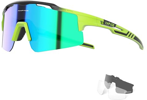 KAPVOE Gafas de Ciclismo Polarizadas con 3 Lentes Intercambiables TR90 Montura Para Hombres y Mujeres Gafas Deportivas MTB para Bicicleta de Montaña y Running 10 Verde Negro